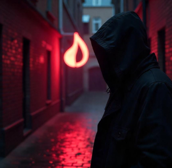 A hooded figure stands in a dark alley with a neon light symbol glowing in the background, symbolizing the hidden nature of dark web marketplaces.