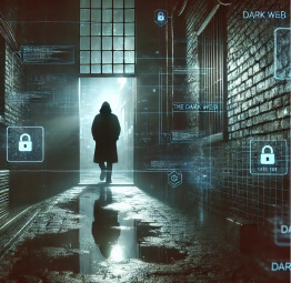 Shadowy figure in an alleyway with cybersecurity elements, representing dark web navigation and the importance of knowledge for protecting sensitive data.