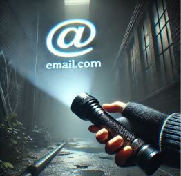 A flashlight illuminating a dark alley, highlighting an email address symbolizing the detection of stolen data using dark web scanners.
#dark_web_scanners