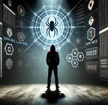 A person standing in a spotlight surrounded by dark web visuals, highlighting the importance of dark web scanners for detecting compromised data and protecting against cyber threats.