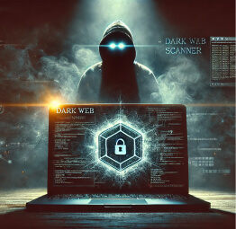 A hooded figure monitoring a laptop displaying a dark web scanner interface, symbolizing cybersecurity measures against dark web threats.