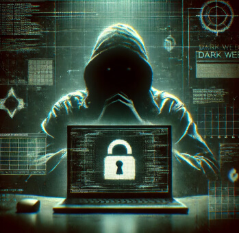 "A shadowy figure in a hoodie behind a glowing laptop with a lock icon, symbolizing the importance of Dark Web monitoring for cybersecurity and data protection."

