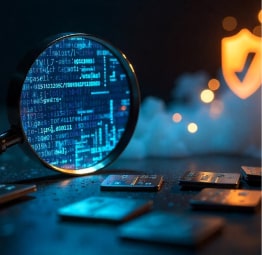 Magnifying glass analyzing digital data with a glowing shield icon in the background, symbolizing Dark Web monitoring and cybersecurity for 2025.