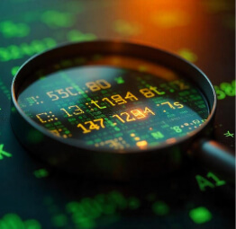 A magnifying glass focusing on digital data and encrypted numbers, symbolising the process of detecting and analysing stolen information on the dark web to prevent cyber threats.