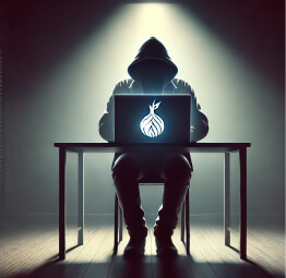 Person in a dark room using a laptop with the Tor logo, symbolizing deep web access and digital privacy.