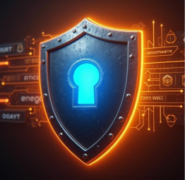 Shield icon symbolizing cybersecurity protection with futuristic digital visuals showcasing advancements in cybersecurity for 2025.