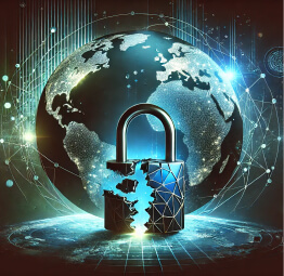 Broken padlock with a glowing globe, symbolizing digital vulnerability and the global nature of cyber threats.