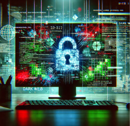 Laptop screen showing a hacker illustration, representing dark web marketplaces and cybersecurity threats for businesses.