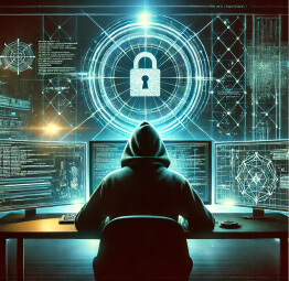 Hacker sitting at a desk accessing a secure system, showcasing the risks of identity scams and dark web threats.