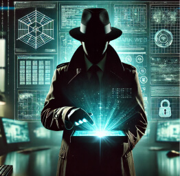 A silhouetted detective using high-tech devices to investigate encrypted data on a glowing computer screen, symbolizing cybersecurity efforts against the dark web.