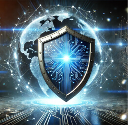 Shield symbolizing cybersecurity protecting a digital globe from dark web threats, with glowing circuits and shadowy tendrils in the background.