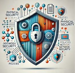 A stylized shield visually representing the seven layers of IT security, including policies, physical security, network security, and incident response.