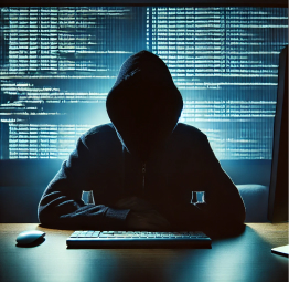 A hooded figure sitting at a computer in a dark room, with lines of code displayed on the screen, symbolizing hacking, cybersecurity threats, and online anonymity.

