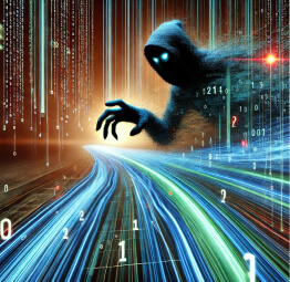 A shadowy hacker reaches out to steal flowing binary data, symbolizing cybercriminals intercepting and selling stolen data on the Dark Web.