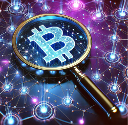 A magnifying glass highlighting a Bitcoin symbol within an interconnected blockchain network, symbolizing cybersecurity analysis and penetration testing for digital assets.

