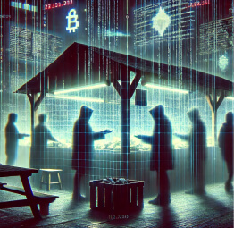 A shadowy digital marketplace with hooded figures exchanging goods under a glowing, cyberpunk-style canopy, symbolizing Dark Web trade and anonymous transactions.

