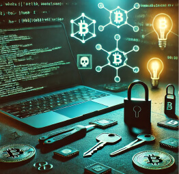 A dark web-themed cybercrime illustration featuring a laptop with code, cryptocurrency symbols, lock picks, skulls, and digital security elements, highlighting cyber threats.

