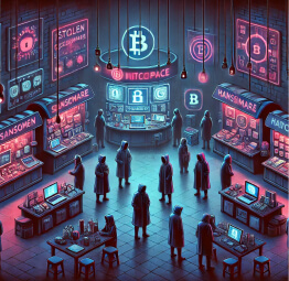 A dark web marketplace with hooded figures trading stolen data, cryptocurrencies, and illicit goods, surrounded by glowing neon screens displaying hacking symbols.

