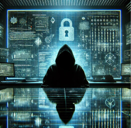 A hooded figure sits in front of a glowing screen filled with encrypted codes and cybersecurity symbols, representing Dark Web myths vs. reality.

