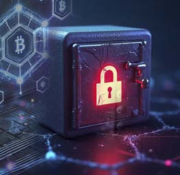 Cracked digital vault surrounded by blockchain nodes, representing smart contract vulnerabilities and cybersecurity risks in blockchain applications.