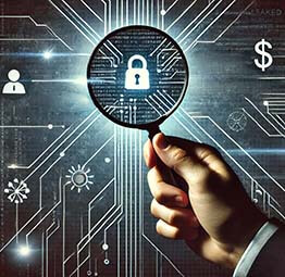 A professional hand holding a magnifying glass over a digital surface with network lines, revealing a lock icon that symbolizes hidden threats from the dark web. The design represents the investigation and discovery of cybersecurity vulnerabilities and data leaks.