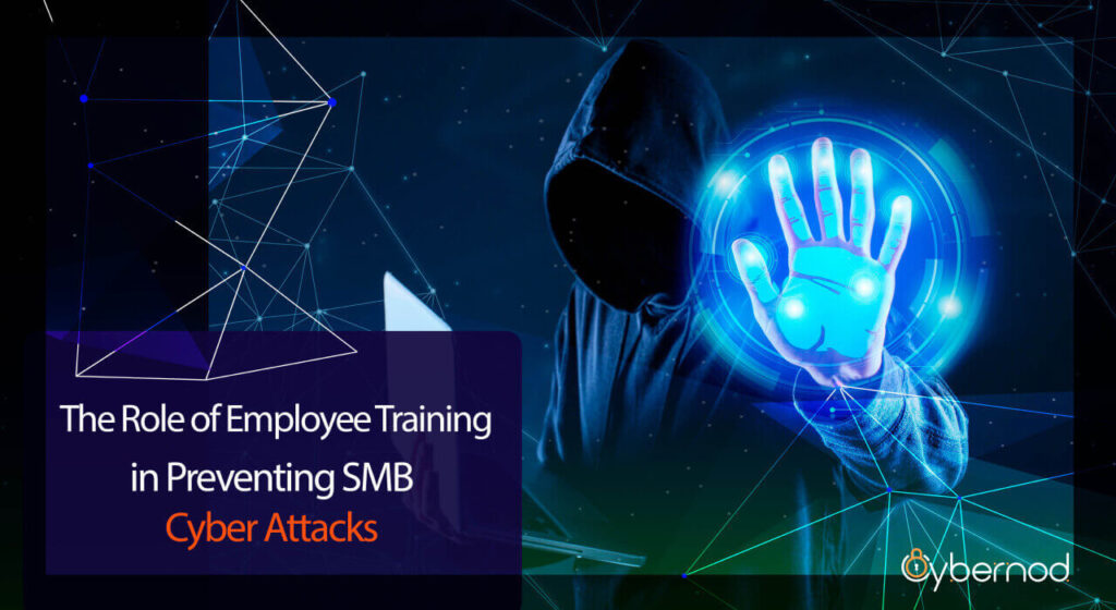 cybersecurity, The image depicts a shadowed figure wearing a hood, representative of a cyber attacker, with a hand outstretched towards the viewer, emitting a blue, digital glow. This represents a cyber threat attempting to penetrate a network. A virtual, circular barrier in front of the hand suggests defense mechanisms in place. The scene is set against a backdrop of abstract geometric shapes and lines that evoke a sense of digital connectivity. Overlaying the image is the title "The Role of Employee Training in Preventing SMB Cyber Attacks," indicating the subject of associated content. The Cybernod logo at the bottom implies the brand associated with the message, emphasizing the importance of training employees as a key defense strategy against cyber threats for small and medium-sized businesses. A hooded figure with a digitally glowing hand symbolizing a cyber attacker is halted by a virtual barrier, with text 'The Role of Employee Training in Preventing SMB Cyber Attacks' and the Cybernod logo.