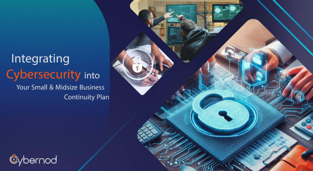 Promotional graphic featuring the title 'Secure Your Online Transactions: Cybersecurity Tips for SMBs in E-commerce'. The image showcases a digital padlock within a circuit board implying robust cybersecurity, and credit cards on a keyboard, representing secure e-commerce transactions. The Cybernod logo suggests specialized cybersecurity solutions for e-commerce businesses.
