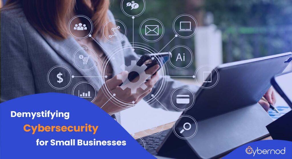 A businesswoman using a smartphone with digital icons for cybersecurity concepts floating around her, highlighting small business digital protection.