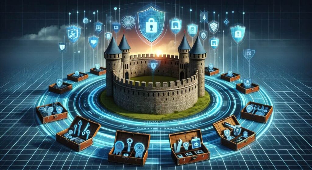 A conceptual representation of cybersecurity as a medieval castle with digital elements. Image Title: Cybersecurity Castle Concept