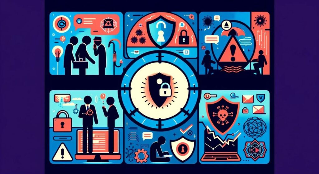 Colorful infographic featuring cybersecurity elements, including a central eye within a lock, surrounded by icons representing encryption, phishing, teamwork, and virus protection, conceptualizing a multi-faceted approach to digital security.