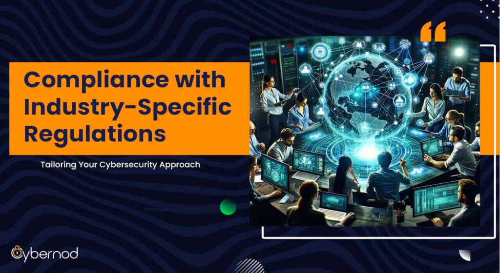 Team of cybersecurity professionals monitoring digital data security around a glowing globe, ensuring industry regulation compliance.