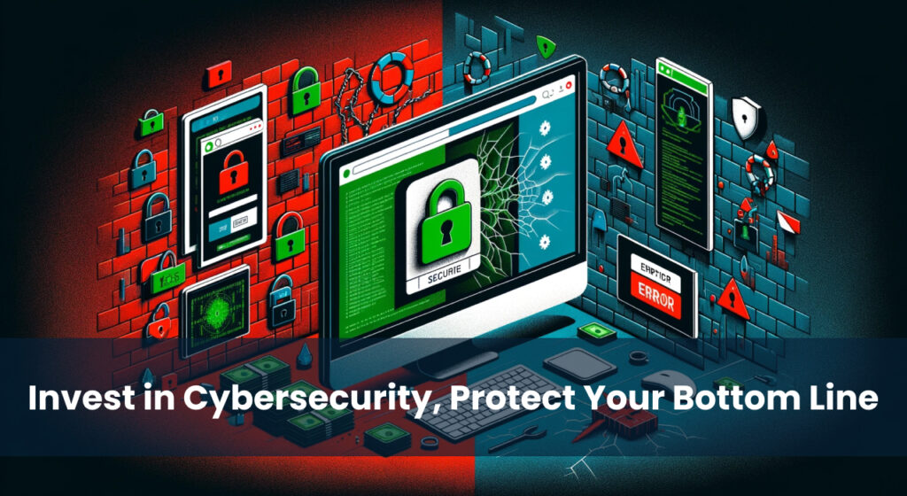 A vibrant digital illustration showcasing various devices such as smartphones, tablets, and a laptop, all fortified with digital locks and surrounded by cybersecurity barriers, emphasizing the importance of investing in cybersecurity to protect a business's financial interests.