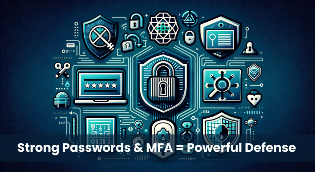 An intricate digital security graphic featuring a central padlock with icons representing cybersecurity elements like encryption, identity verification, and network protection, accompanied by text stating "Strong Passwords & MFA = Powerful Defense.