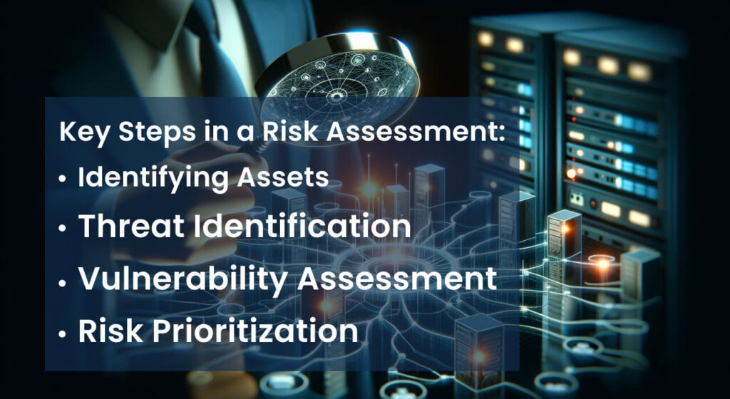 Magnifying glass over server racks highlighting key steps in cybersecurity risk assessment: Identifying Assets, Threat Identification, Vulnerability Assessment, Risk Prioritization