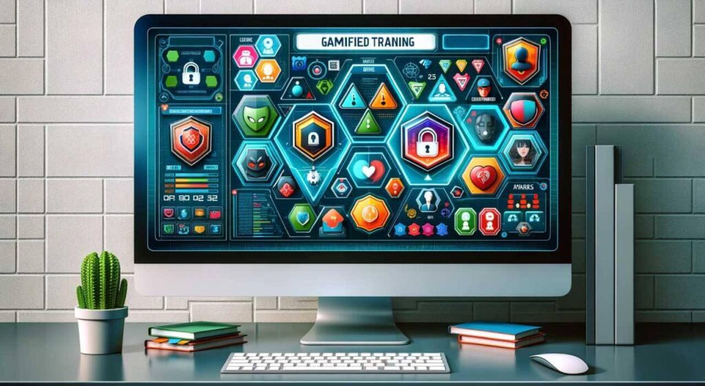 A computer monitor displaying a gamified training program on a desk. Close-up of a computer monitor showing a game-like training program.