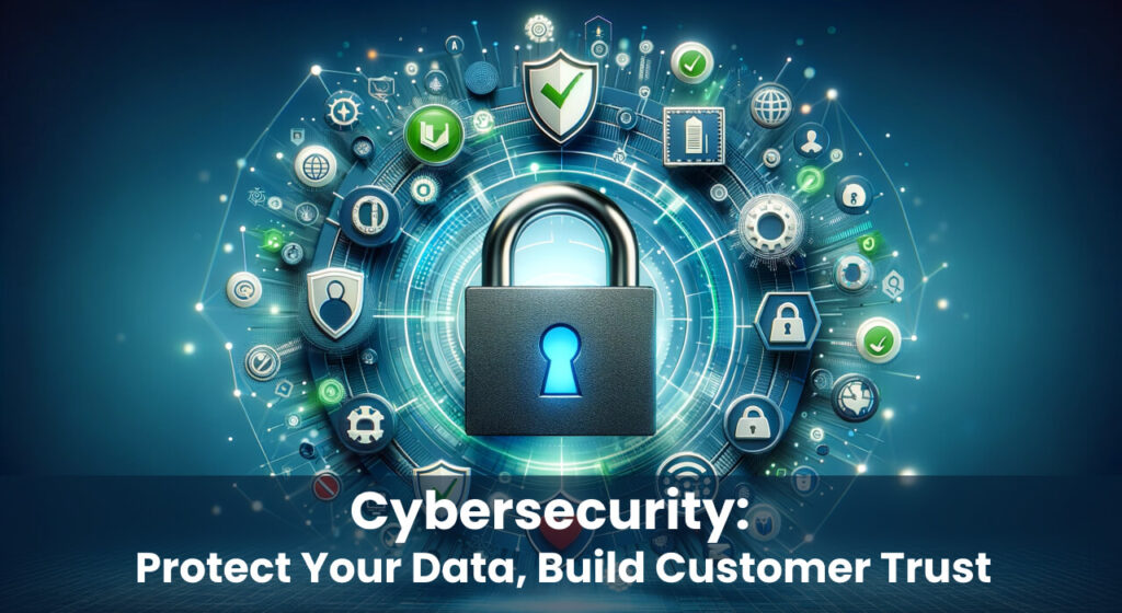 A conceptual cybersecurity image with a large padlock at the center surrounded by various digital icons and protective shields, symbolizing data security and building customer trust in a vibrant blue tone.