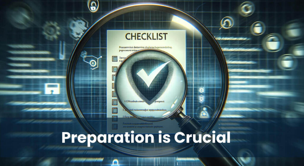 Magnified view of a cybersecurity checklist under a glass magnifier emphasizing the message "Preparation is Crucial" against a digital background with abstract tech elements.