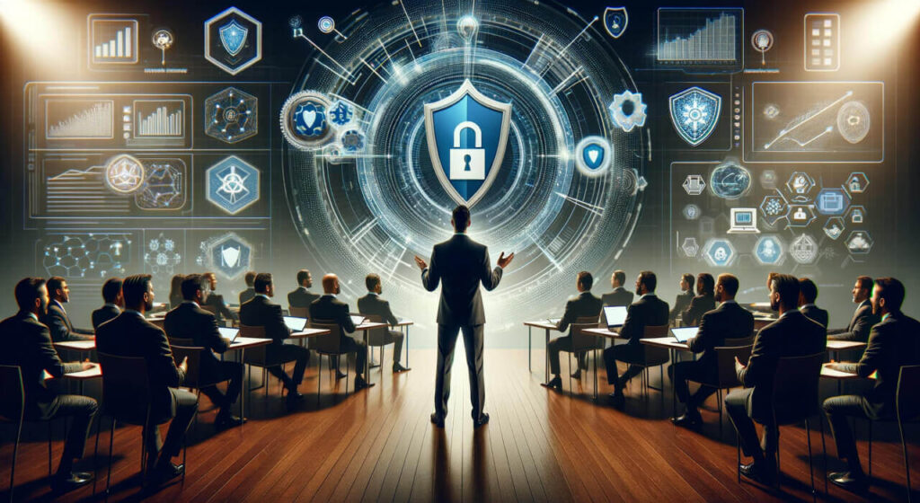A leader presents cybersecurity strategies to attentive business professionals before a futuristic digital shield display