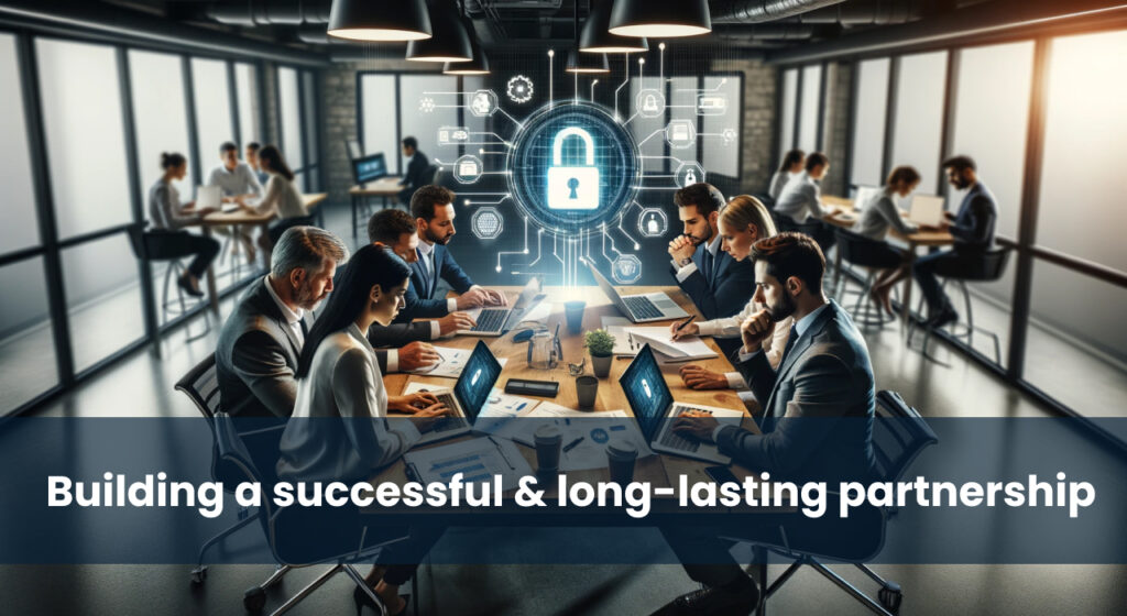 A professional meeting room with business individuals engaged in discussions around a table, overlaid with a holographic image of a padlock symbolizing a secure cybersecurity partnership.