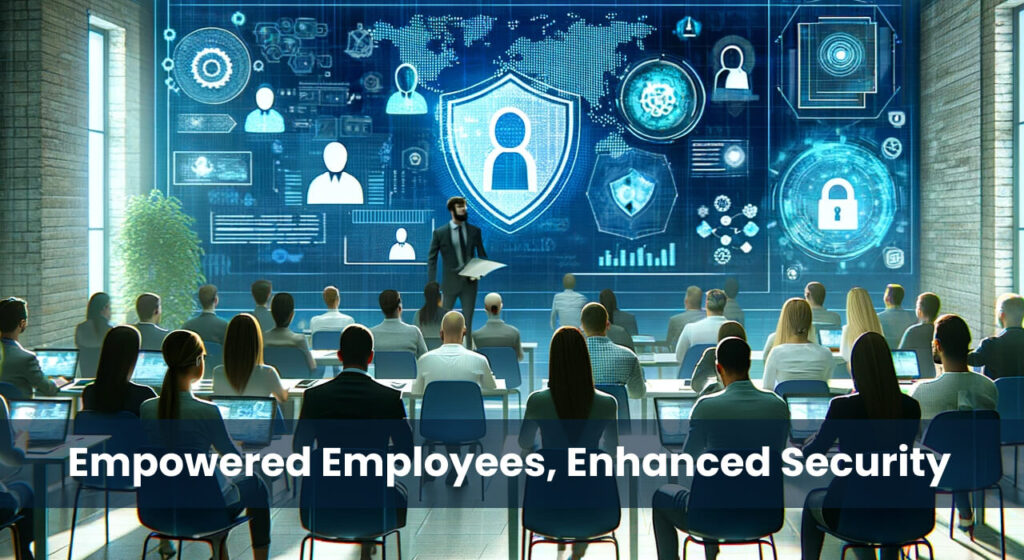 In a bright, modern conference room, a diverse group of business professionals attentively watches a presenter who is conducting a cybersecurity training session. A large digital display in the background shows cybersecurity icons, illustrating the concept of "Empowered Employees, Enhanced Security.