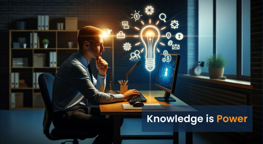 A focused man working on cybersecurity solutions at his desk with a bright idea symbolizing knowledge and a secure lock on his computer screen.