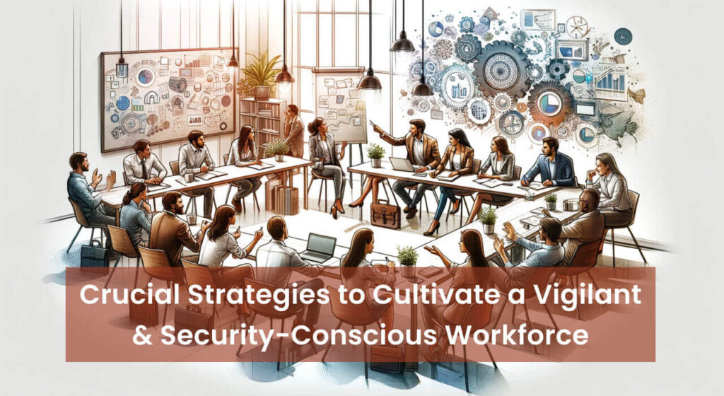 A diverse team engages in a cybersecurity meeting, strategizing over a table surrounded by conceptual digital graphics.