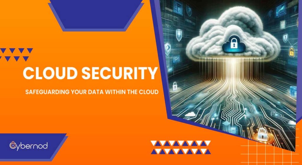 Digital concept art depicting cloud security with a 3D lock symbol inside a cloud hovering over a circuit board, representing data protection.