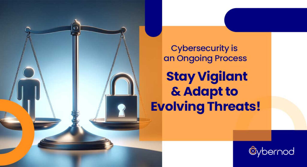 A graphic depicting the concept of continuous cybersecurity vigilance, with a balanced scale showing a person on one side and a locked padlock on the other, emphasizing the need for adaptive security measures against evolving threats.