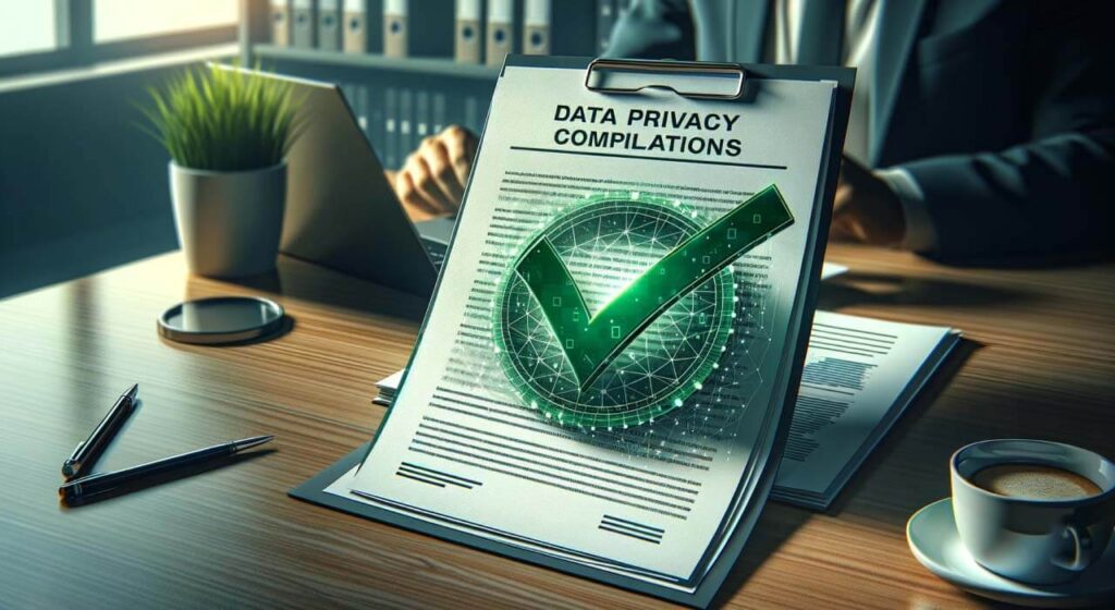 An office desk with a clipboard containing a document titled 'DATA PRIVACY COMPILATIONS' with a prominent green checkmark overlay, indicating compliance and approval.