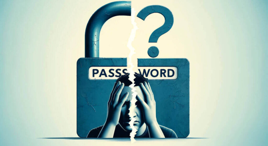 Creative image featuring a padlock with the word 'PASSWORD' on the body and a question mark as the top part, cracked in two. Behind the broken padlock, a person's face is shown with hands on their head in a gesture of distress, against a pale blue background.