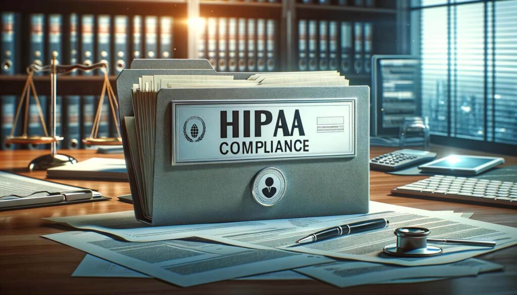 A detailed image of an office setting with a file folder labeled 'HIPAA COMPLIANCE' on a desk symbolizing the importance of regulatory adherence in healthcare settings