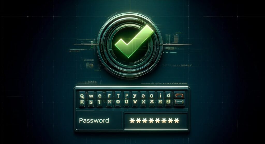 Digital password input interface with a stylized green checkmark, symbolizing secure password verification.
