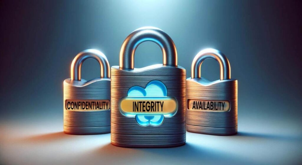 Three metallic padlocks with the words CONFIDENTIALITY, INTEGRITY, and AVAILABILITY on them, symbolizing the key principles of cybersecurity