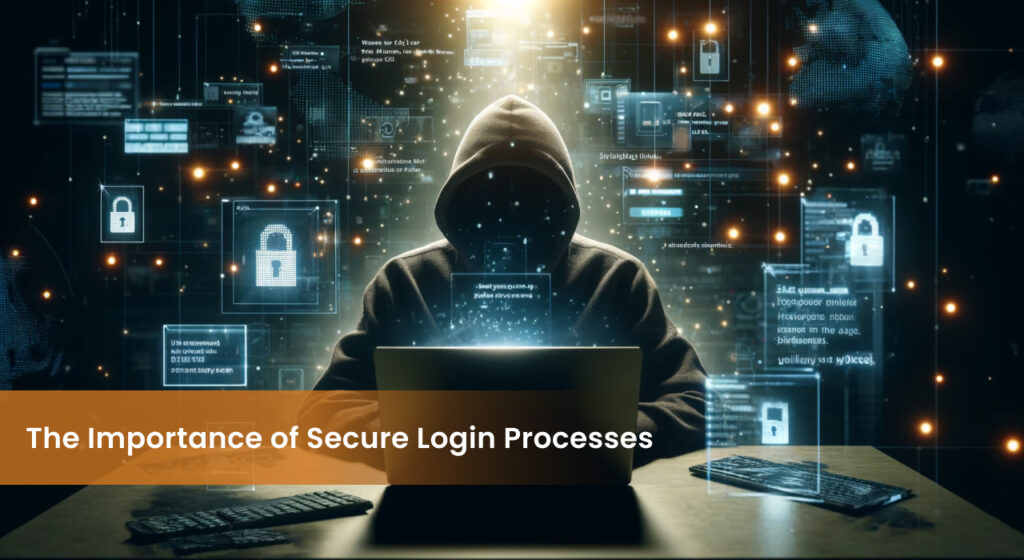 Hooded figure in front of a laptop with graphics of locks and security interfaces illustrating the importance of secure login processes against cyber threats.